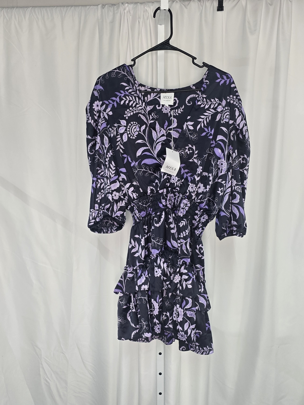 Misa Los Angeles Black & Lavender Floral Tiered Dress Summer Mini XL NWT